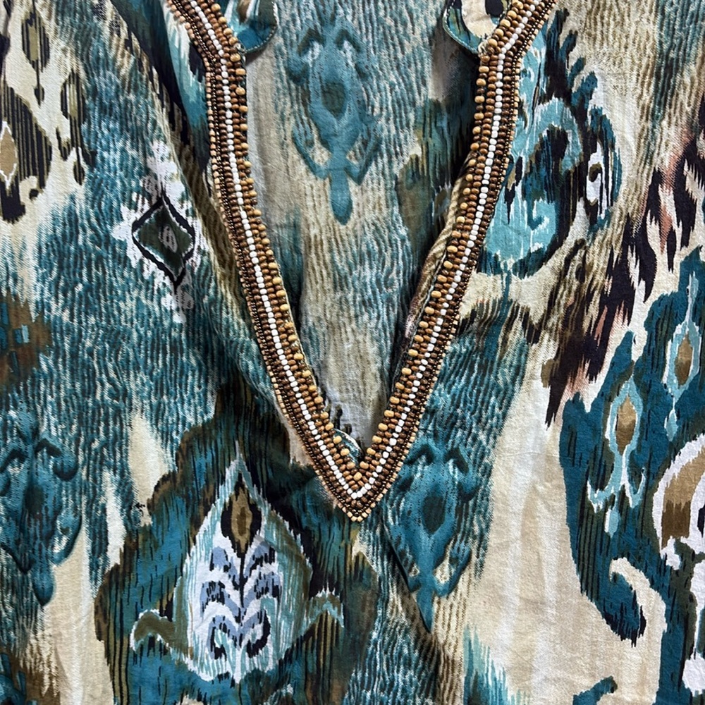 Elegant Beaded V-Neck Women Top - Teal and Cream